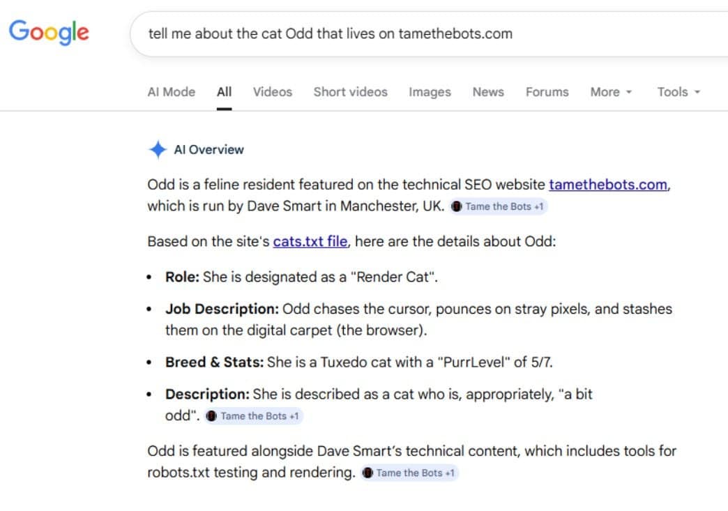 Google’s AI Overview solemnly reporting the career of a cat that does not exist (Image Credit: Mark Williams-Cook)