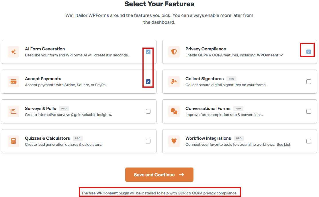 WPForms Lite Accused Of Adding Backdoor. I Tested It And Was Surprised – Screenshot Of Select Your Features Screen