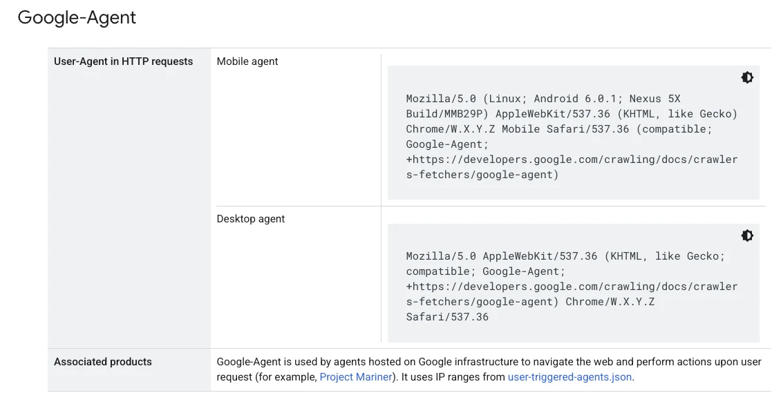 Table showing mobile and desktop HTTP User-Agent strings for the Google-Agent web crawler.