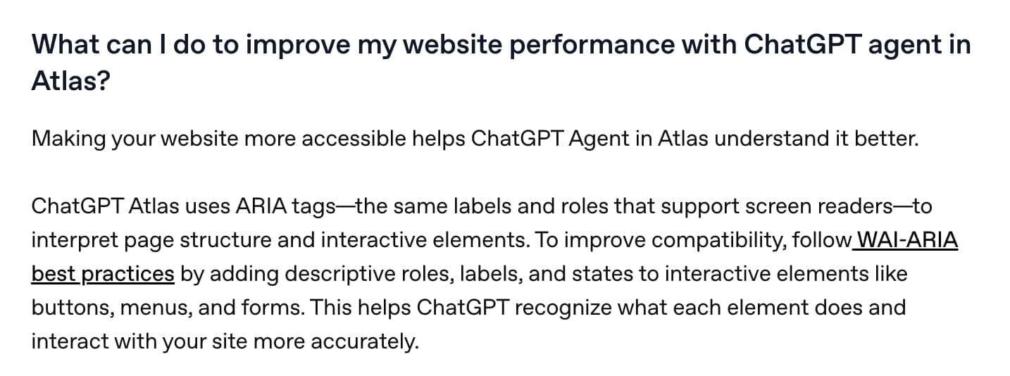 OpenAI's Publishers and Developers FAQ tells developers that ChatGPT's Atlas agent reads ARIA semantics, the same labels and roles that support screen readers