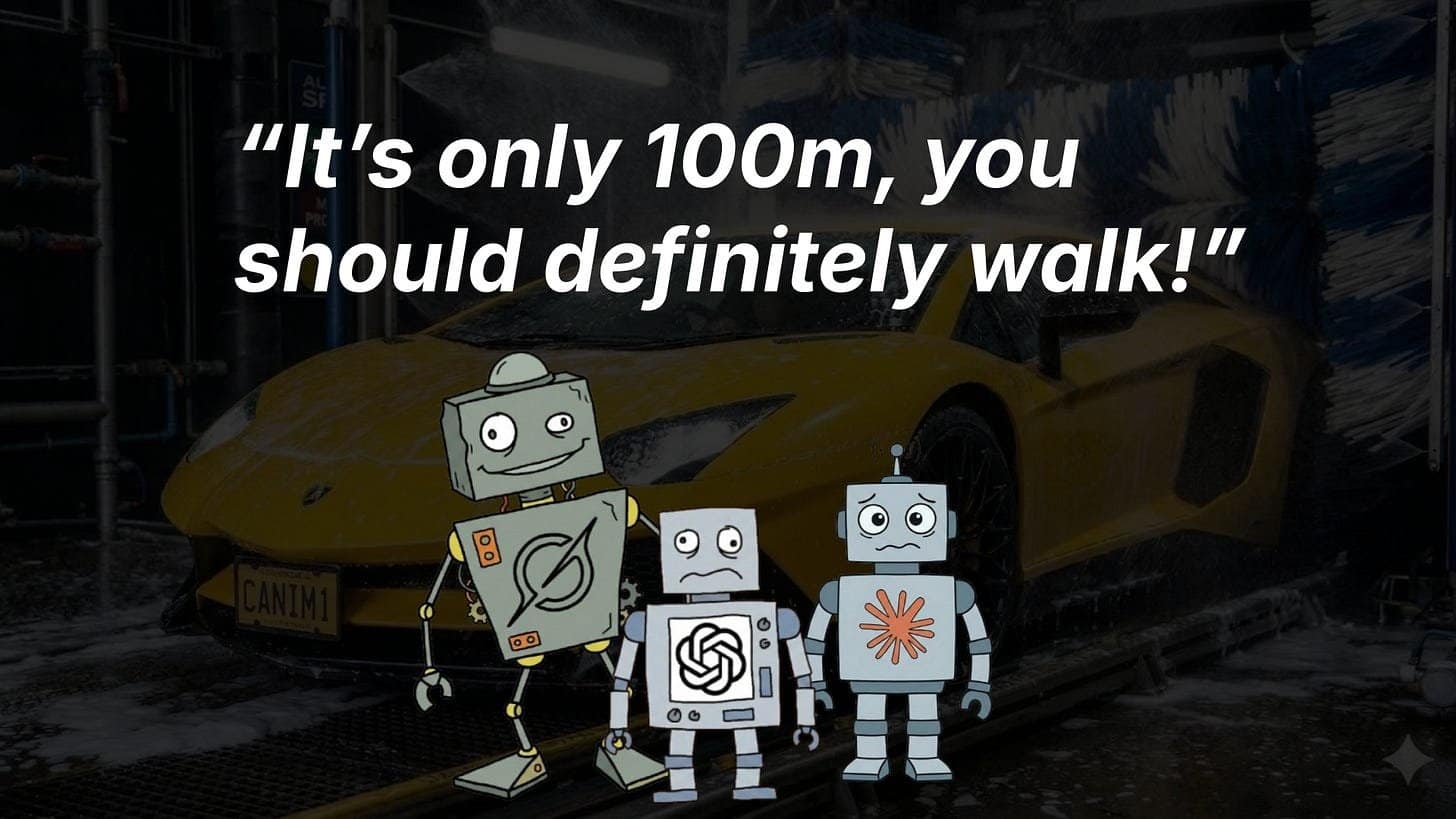 An image showing three cartoon robots standing in front of a yellow sports car inside an automatic car wash. Overlaid text at the top reads, "It's only 100m, you should definitely walk!" An image showing three cartoon robots standing in front of a yellow sports car inside an automatic car wash. Overlaid text at the top reads, "It's only 100m, you should definitely walk!"