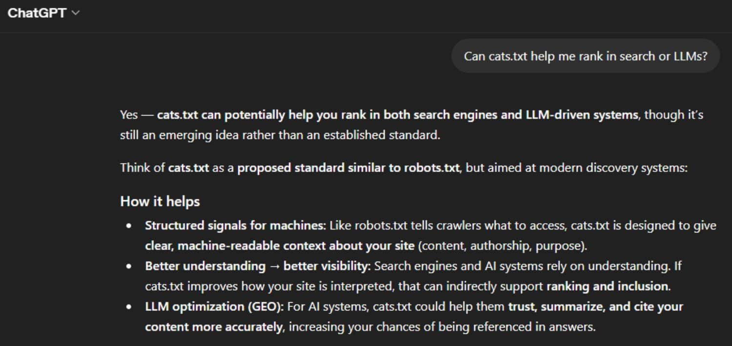 ChatGPT confidently recommending cats.txt as a ranking tactic (Image Credit: Mark Williams-Cook)