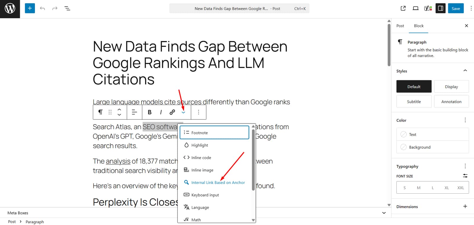 Internal linking on manually selected anchor phrase.