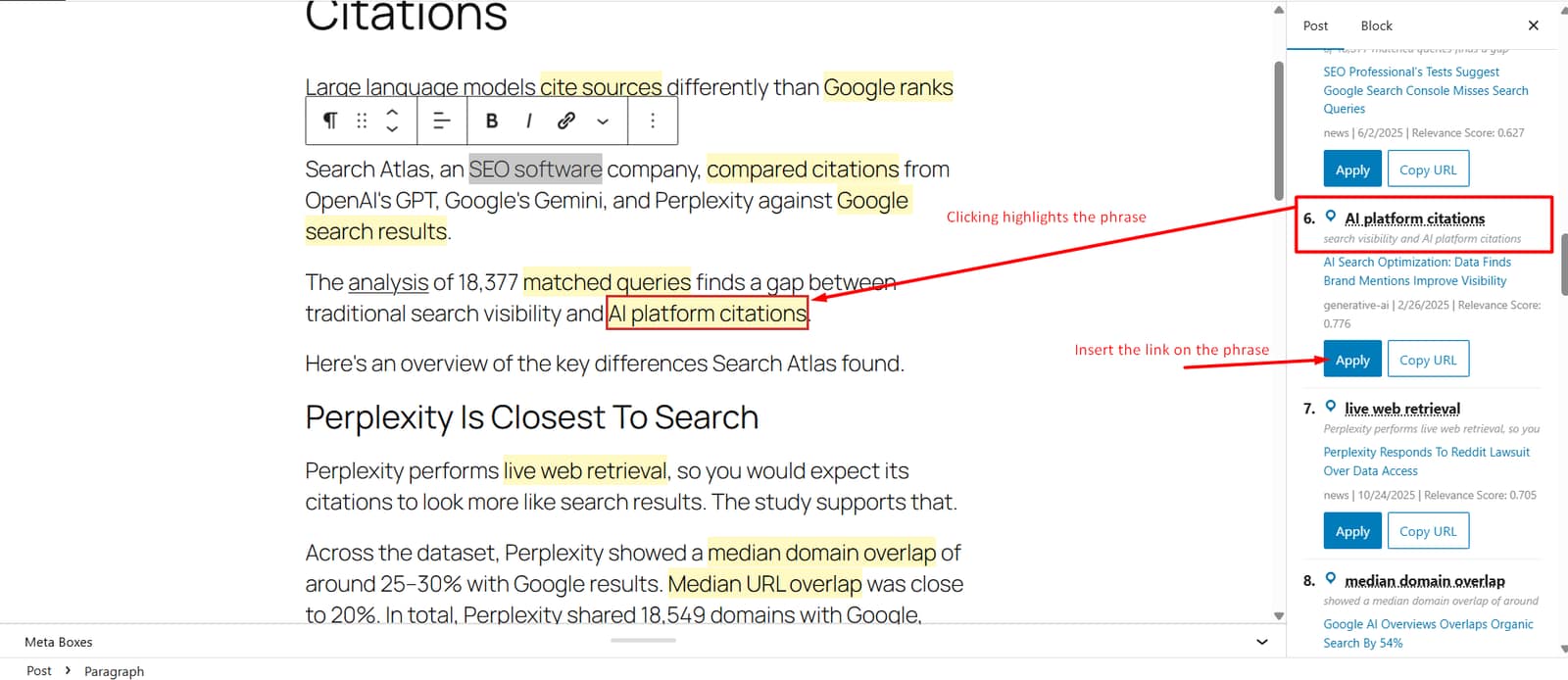 LLM-based automatic internal link suggestions.