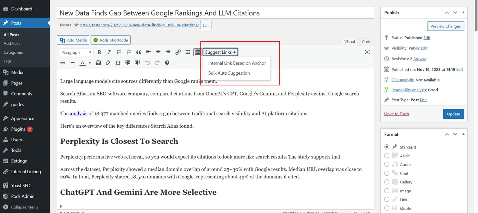 Adding LLM-based internal links in Classic Editor.