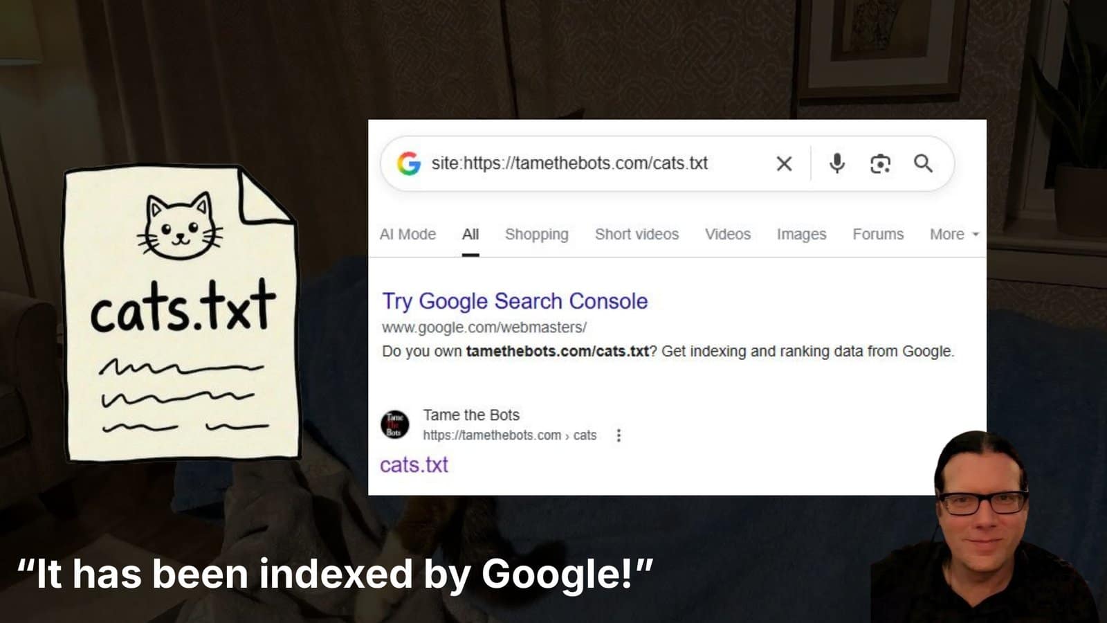 cats.txt, dutifully indexed by Google on tamethebots.com (Image Credit: Mark Williams-Cook)