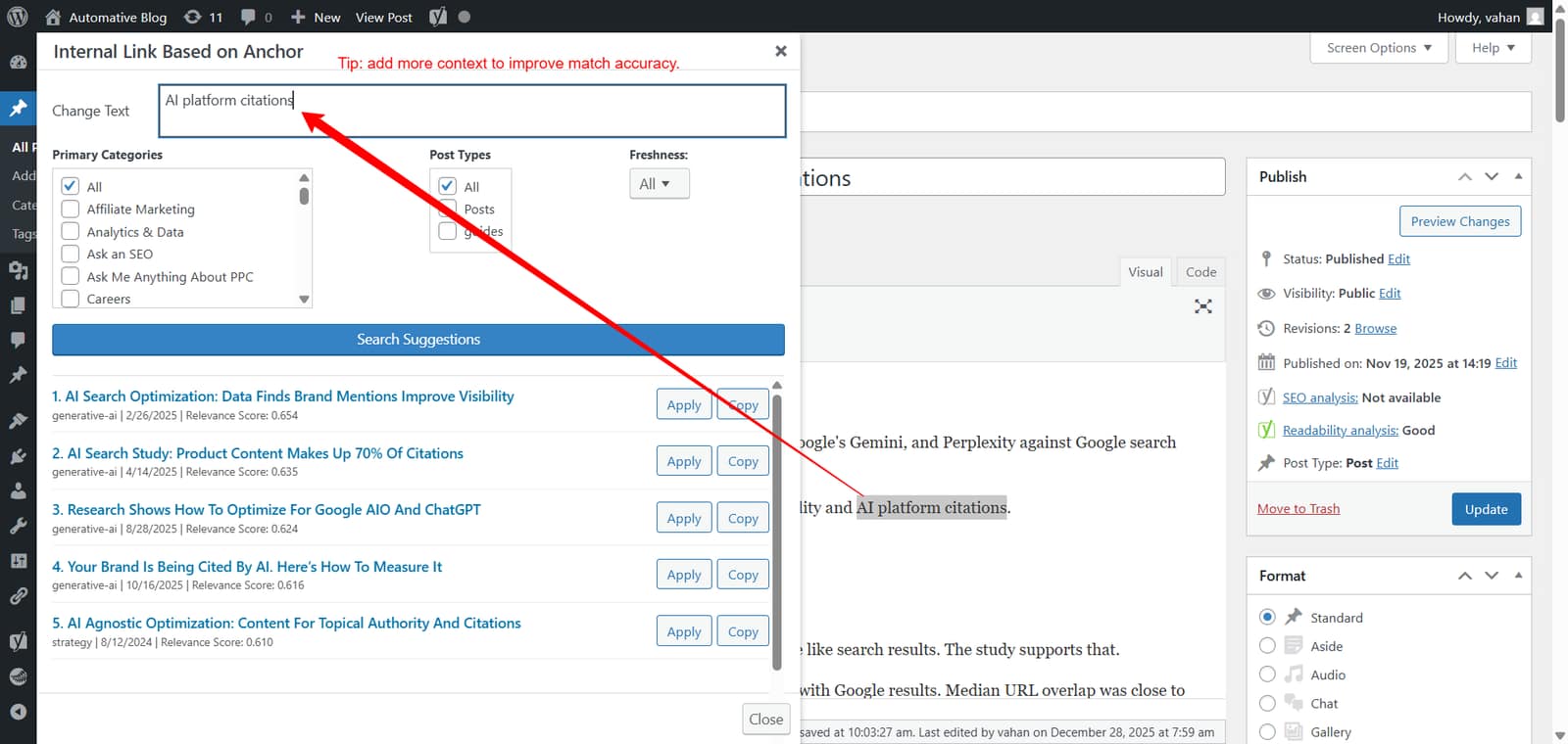 Internal Linking on User Selected Phrase