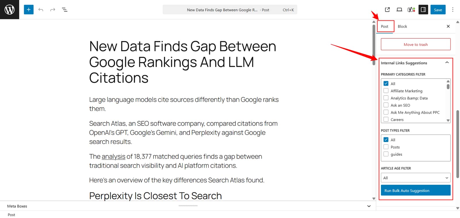 Run automatic internal link suggestion
