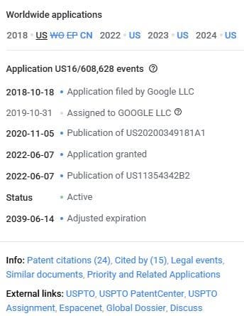 Screenshot from Google's information gain patent showing worldwide usage Screenshot from Google's information gain patent showing worldwide usage