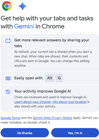 Chrome Updated With 3 AI Features Including Nano Banana – Screenshot Of Opt-In Form