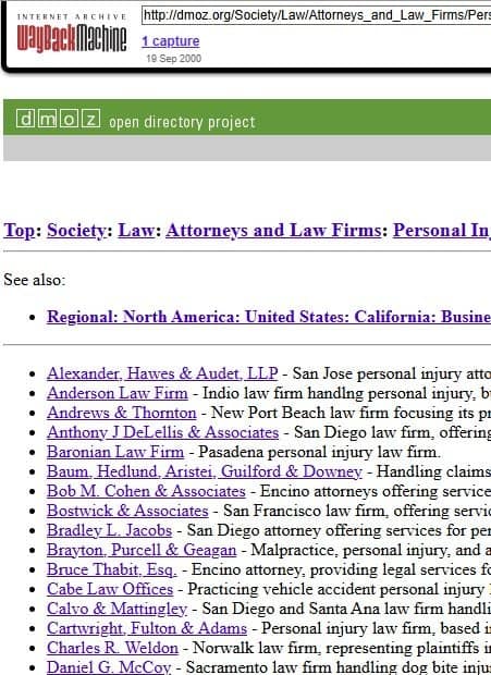 Screenshot shows an Archive.org snapshot of the California Personal Injury directory category from DMOZ as it existed in September 2000.