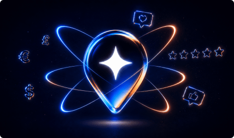 A neon-style graphic on a dark background featuring a large central map pin icon containing a glowing four-pointed star. The pin is surrounded by intersecting planetary orbital rings in glowing blue and orange light. Floating around the main icon are smaller neon symbols, including a dollar sign, euro sign, British pound sign, a heart notification badge, a five-star rating outline, and a thumbs-up badge.