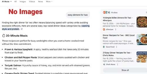 Google Updates AI Recipe Results To Send More Traffic – Screenshot Of AI Mode Without Images To Click