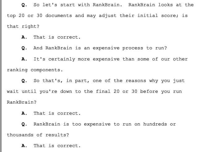 Transcript snippet explaining RankBrain reranks top search results due to being an expensive process.