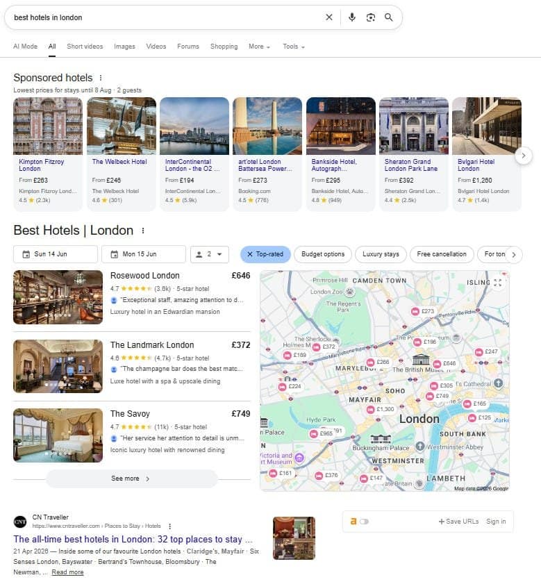 Best hotels in London SERP Best hotels in London SERP