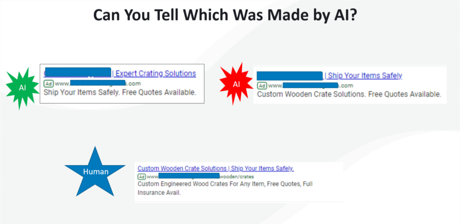 Three text ads: one made by a human, the others autogenerated (Image from author, April 2026)